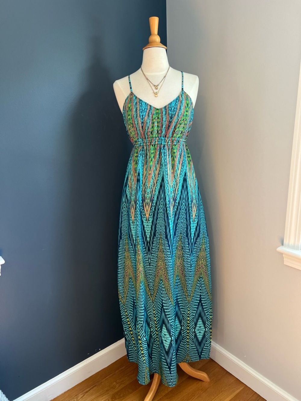 Charlie Jade Teal Multicolor Printed Maxi Dress Sleeveless Boho Resort